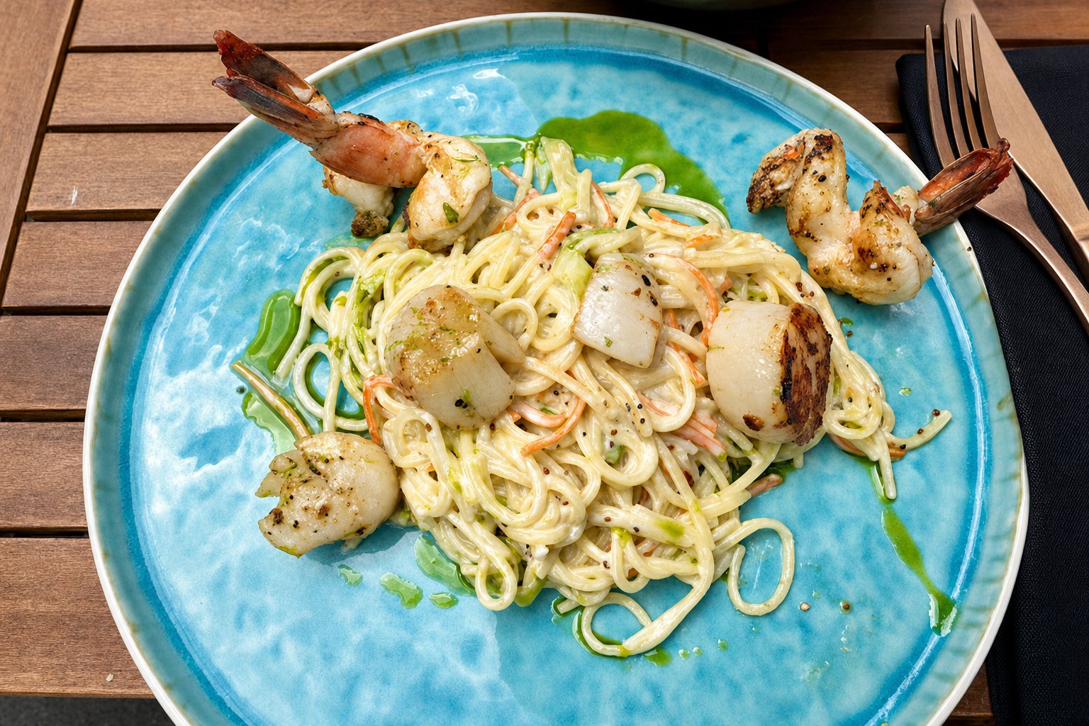 Jakobsmuscheln und Garnelen mit Linguine