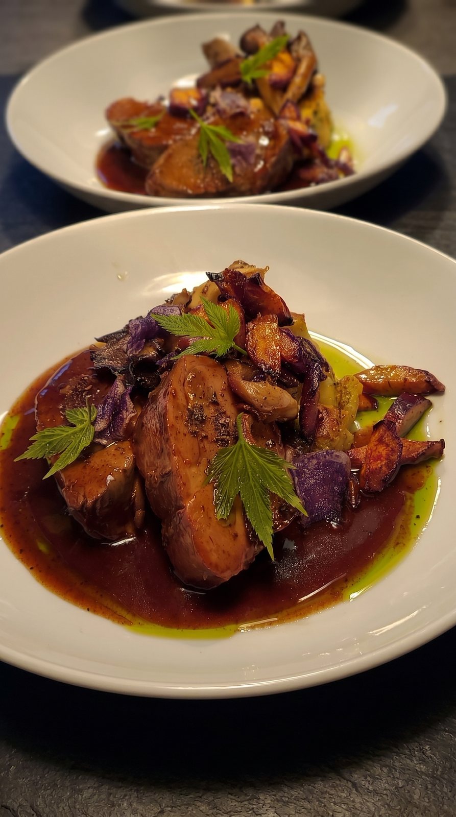 Medaillons mit Pilzen und Kräuteröl